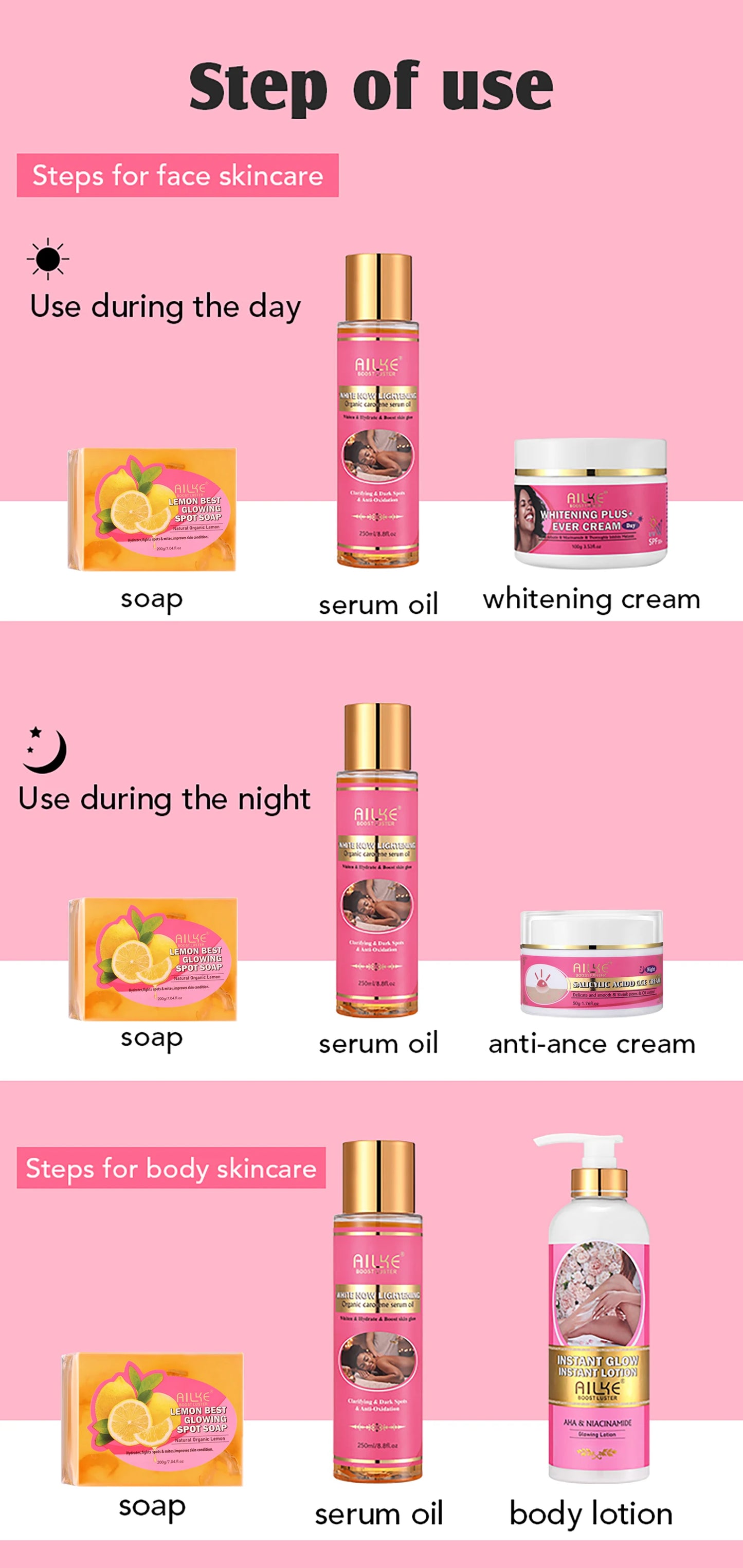 AILKE Natural Skin Cleansing Set, Cleanses Darkness, Stains, Moisturizes, Whitening, Boost Radiance To The Skin. Organic, Vegan