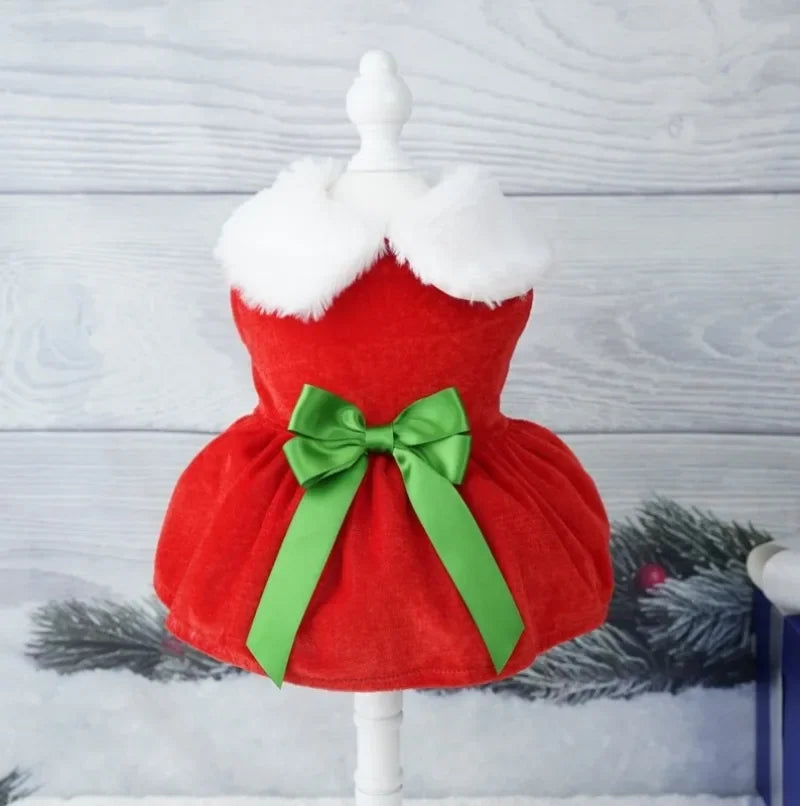 Pet Christmas Clothing Dog Cat Red Dress Warm Bow Frock Golden Velvet Fabric Santa Claus Clothes Dogs Cats Garment Pets Supplies