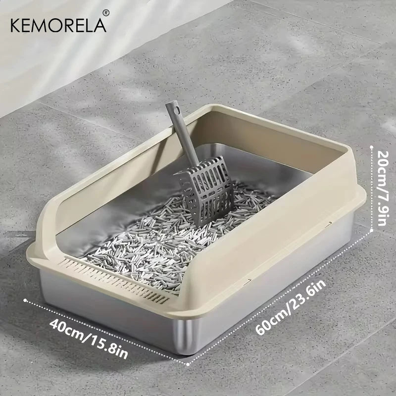 KEMORELA 1PC Stainless Steel Cat Bedpans Thickening Semi-enclosed High Side With Lid Litter Scoop Splashproof Open Litter Box