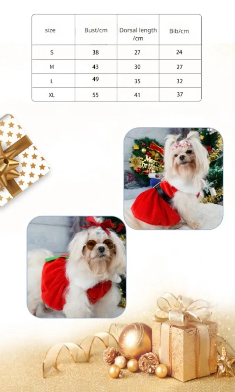 Pet Christmas Clothing Dog Cat Red Dress Warm Bow Frock Golden Velvet Fabric Santa Claus Clothes Dogs Cats Garment Pets Supplies