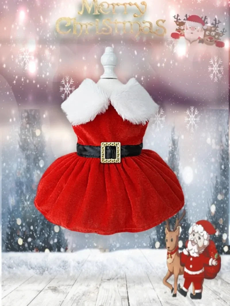Pet Christmas Clothing Dog Cat Red Dress Warm Bow Frock Golden Velvet Fabric Santa Claus Clothes Dogs Cats Garment Pets Supplies