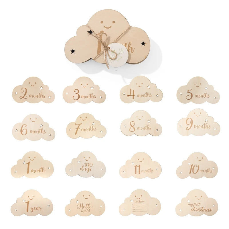 8pc/set Wooden Baby Milestone Card For Newborn Cute Cloud Shape Photography Props Accessories Month Cards Sticker Newborn Gifts