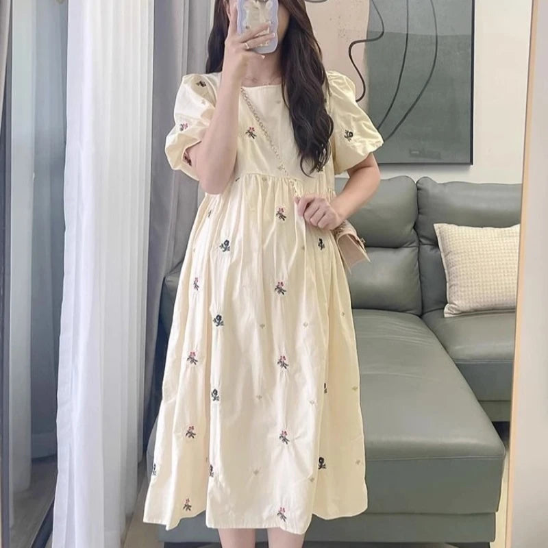 Pregnacy Dress Bowknot Dress Loose Women Bubble Sleeves Chiffon Small Flower Printing Maternity Clothing Pregnant Woman Clothes