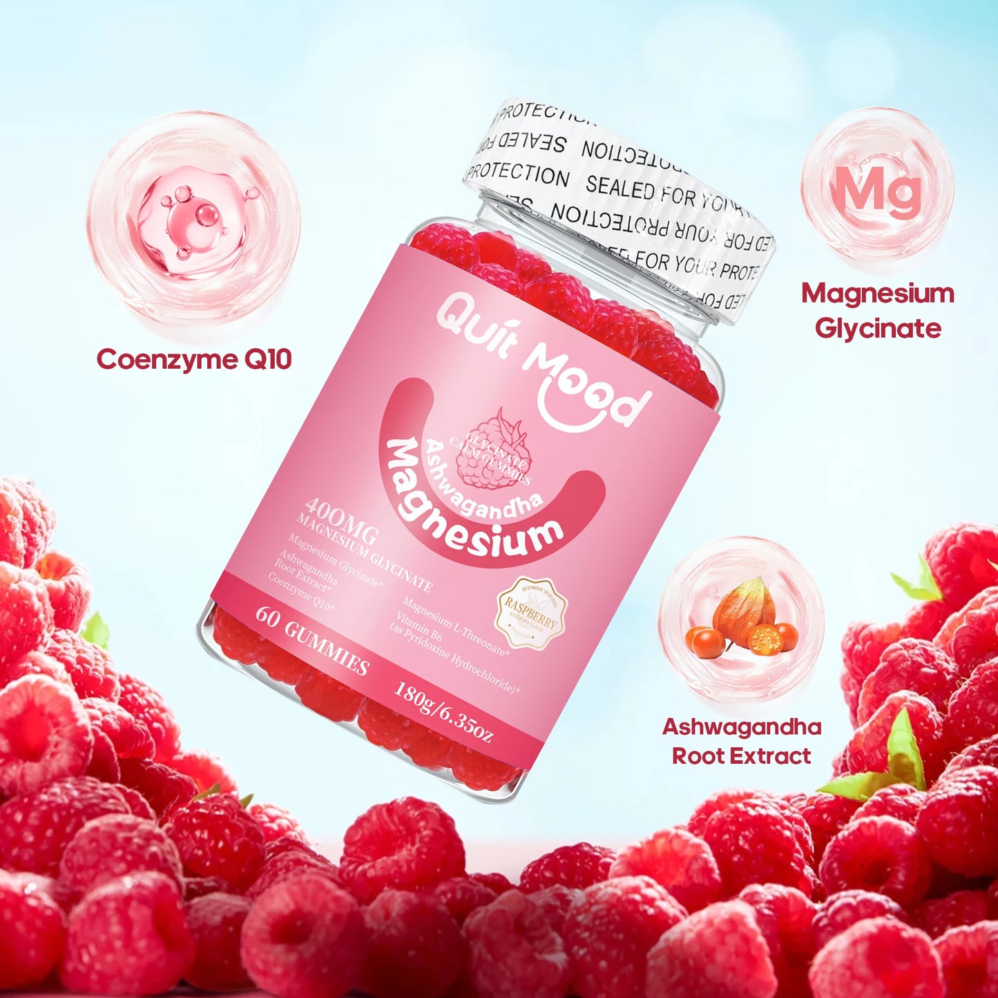 Quit mood Magnesium Glycinate 600mg Gummies - Ashwagandha & Calcium with B6 Stress & Bone Support