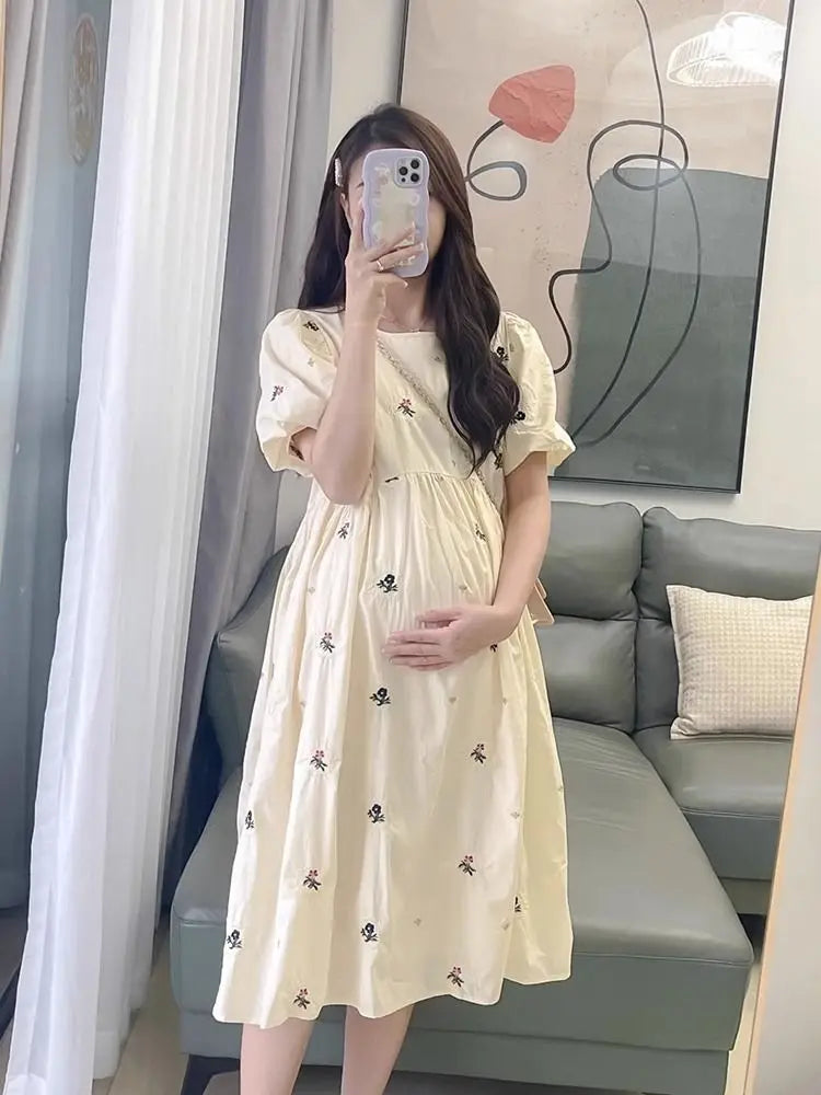 Pregnacy Dress Bowknot Dress Loose Women Bubble Sleeves Chiffon Small Flower Printing Maternity Clothing Pregnant Woman Clothes