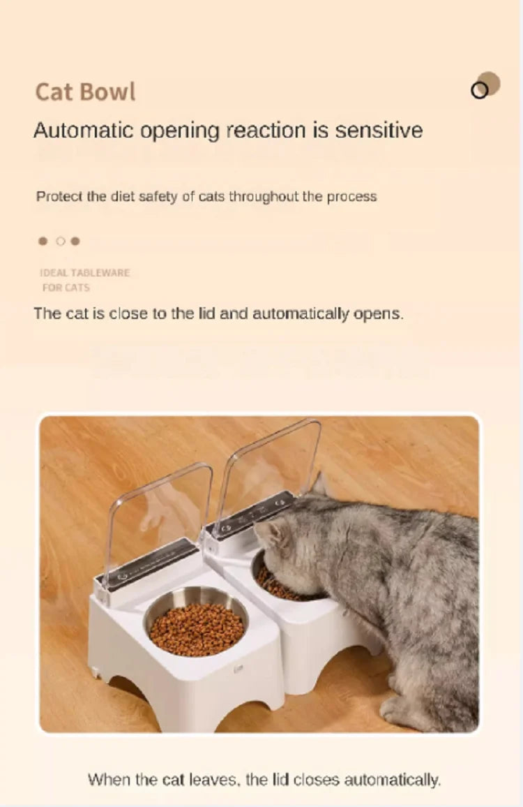 Smart Cat Bowl, Neck Protection, Ceramic Stainless Steel with Lid Cat Food Bowl, Infrared Sensor Auto Open Cover Smart Feeder