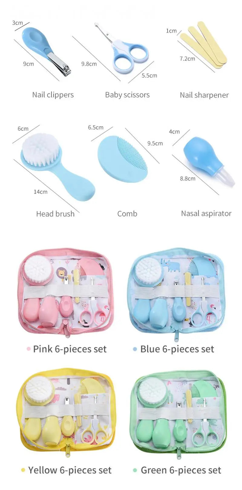 6Pcs/set Newborn Baby Care Kit Cleaning Supplies Head Comb Brush Scissors Nasal Aspirator Nail Clipper Sharpener Tool Package