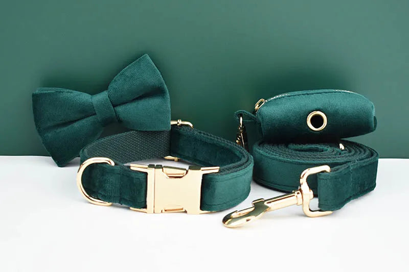 Green Velvet Dog Collar And Leash Set For Dogs Custom Engraved Nameplate Pet Supplies Dog Leash velvet43