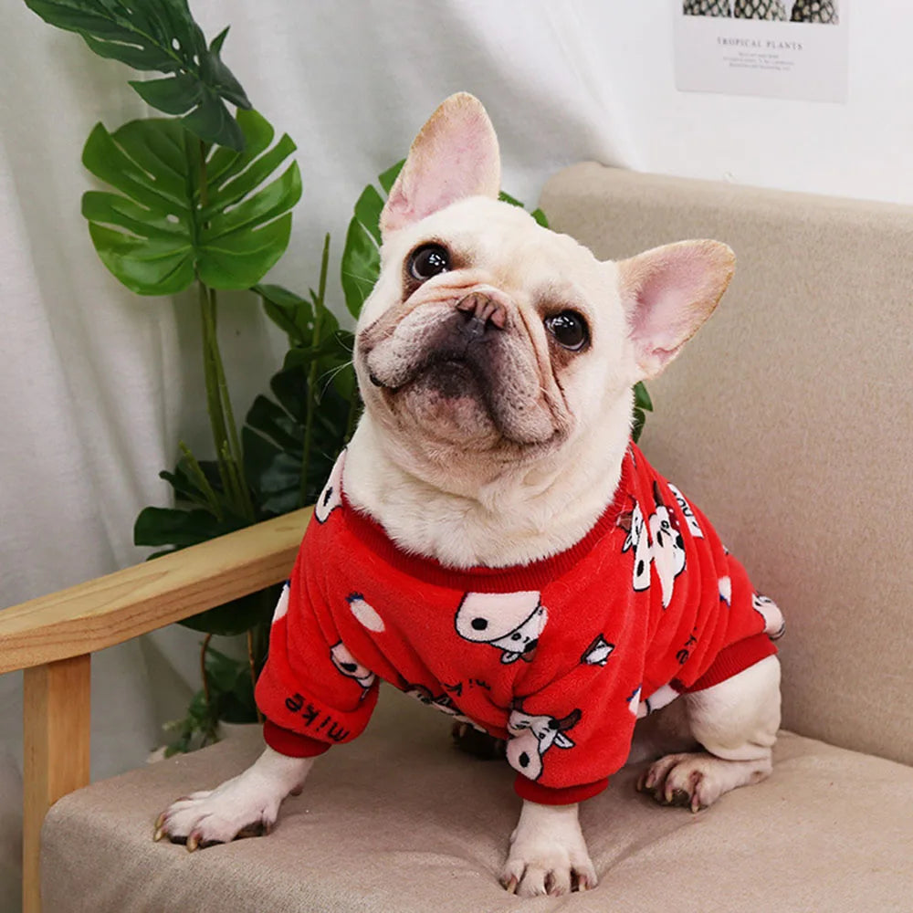 Warm Dog Clothes Cute Print Puppy Pet Clothing French Bulldog Hoodie Winter Dog Pajamas Sweater Coat for Small Medium Dogs Cats
