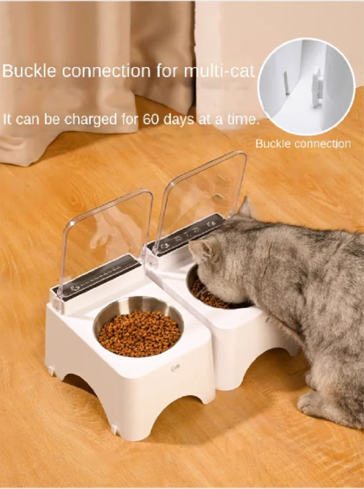 Smart Cat Bowl, Neck Protection, Ceramic Stainless Steel with Lid Cat Food Bowl, Infrared Sensor Auto Open Cover Smart Feeder