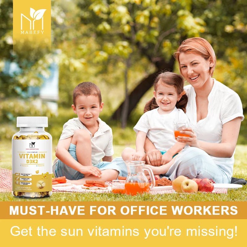 Vitamin D3 K2 Softgel Capsules High-Potency D3 K2 Supplements with 1000 IU, Support Immune Health For Whole Family