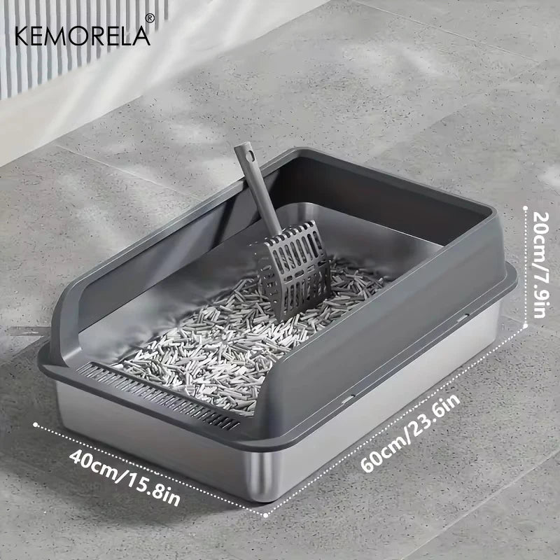 KEMORELA 1PC Stainless Steel Cat Bedpans Thickening Semi-enclosed High Side With Lid Litter Scoop Splashproof Open Litter Box