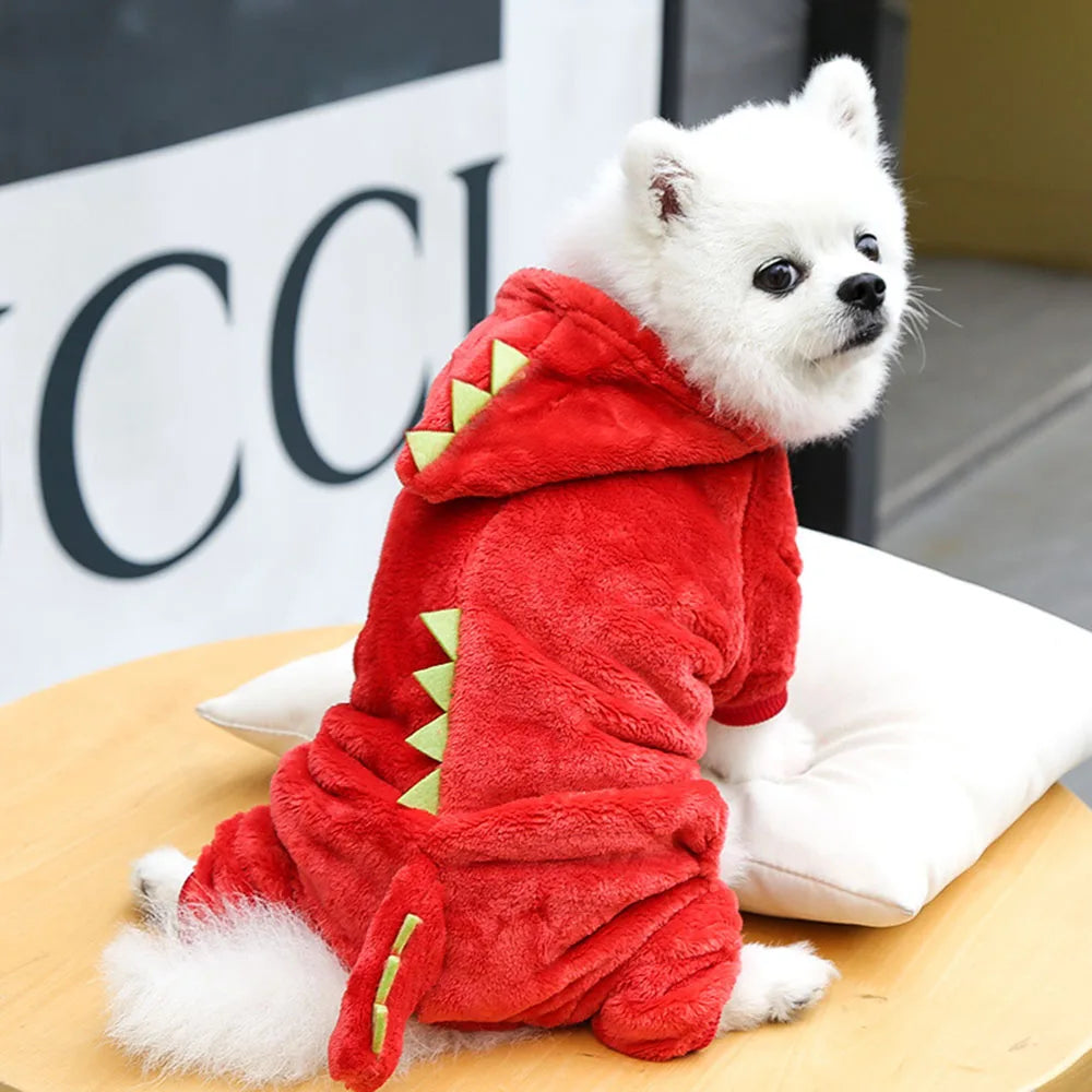 Dinosaur Pet Costume Cat and Dog Halloween Costume Cute Pet Dino Hoodie for Small Dogs Winter Warm Outfits Puppy Fleece Clothes