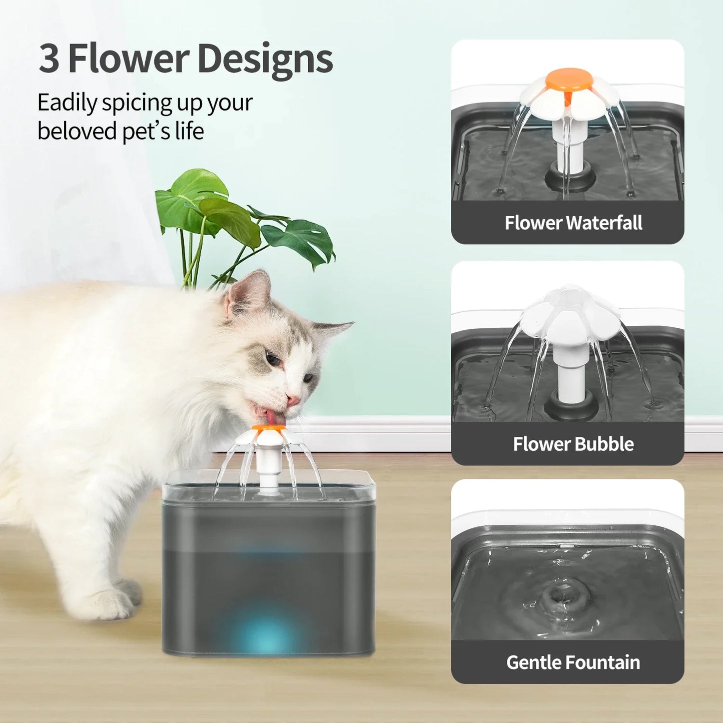 Ultra Silent Pet Fountain 67oz/2L with LED Lighting Activated Carbon Filter Water Dispenser Mute Drinker for Cats Small Dogs
