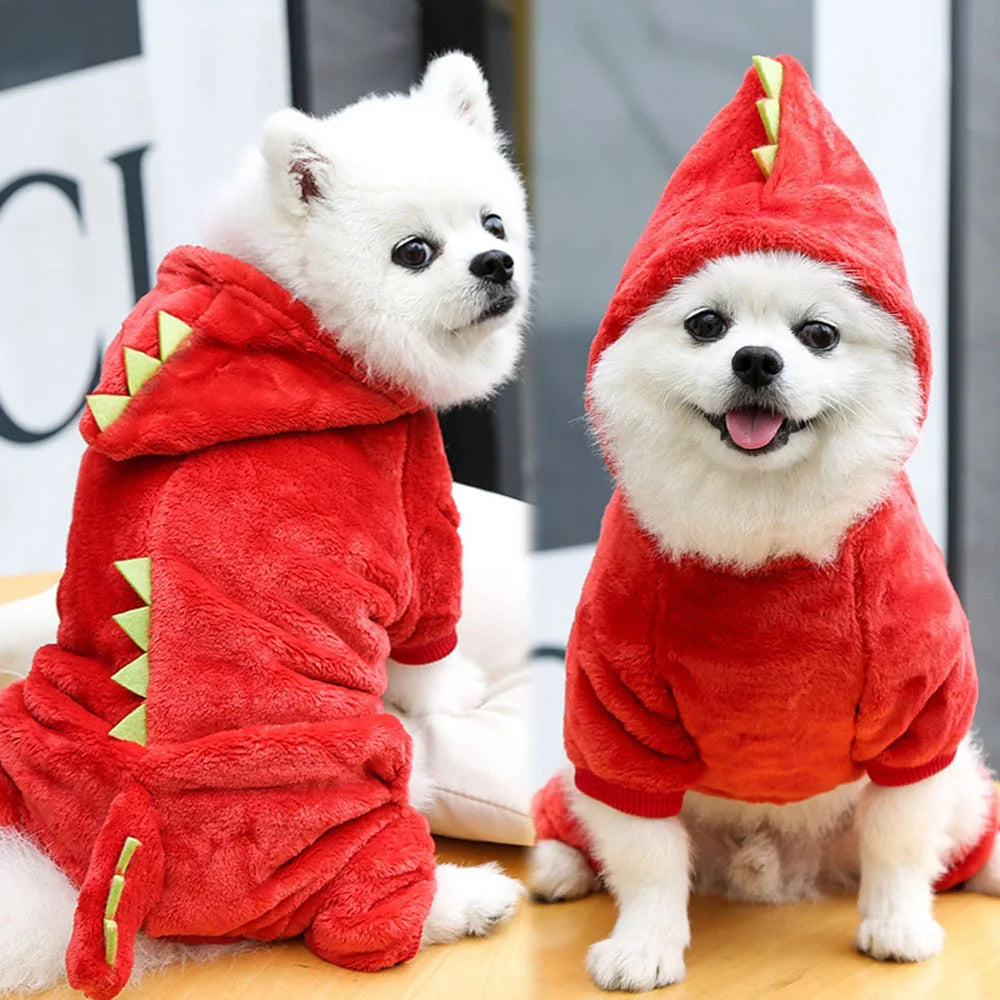 Dinosaur Pet Costume Cat and Dog Halloween Costume Cute Pet Dino Hoodie for Small Dogs Winter Warm Outfits Puppy Fleece Clothes