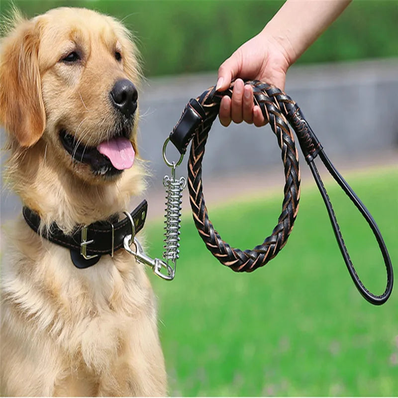 Leather Dog Leash for Large Dogs Strong Leather Braided Dog Leash with Buffer Spring Pet Traction Rope for German Shepherd Dog