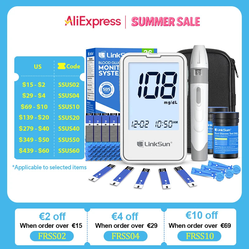 G-425-2 Linksun Blood Glucose Meter Glucometer Kit Medical Diabetes Testing Blood Sugar Tester Digital Glucosemeter Complete Kit