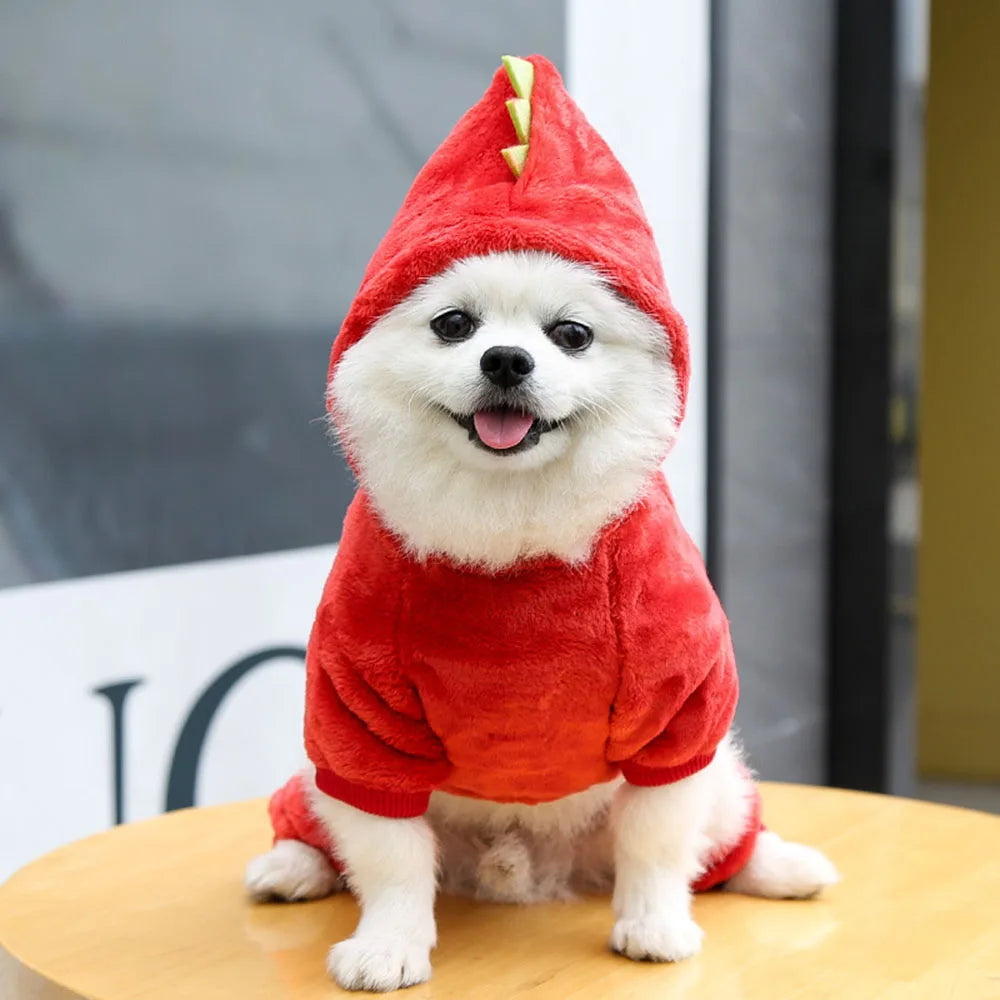 Dinosaur Pet Costume Cat and Dog Halloween Costume Cute Pet Dino Hoodie for Small Dogs Winter Warm Outfits Puppy Fleece Clothes