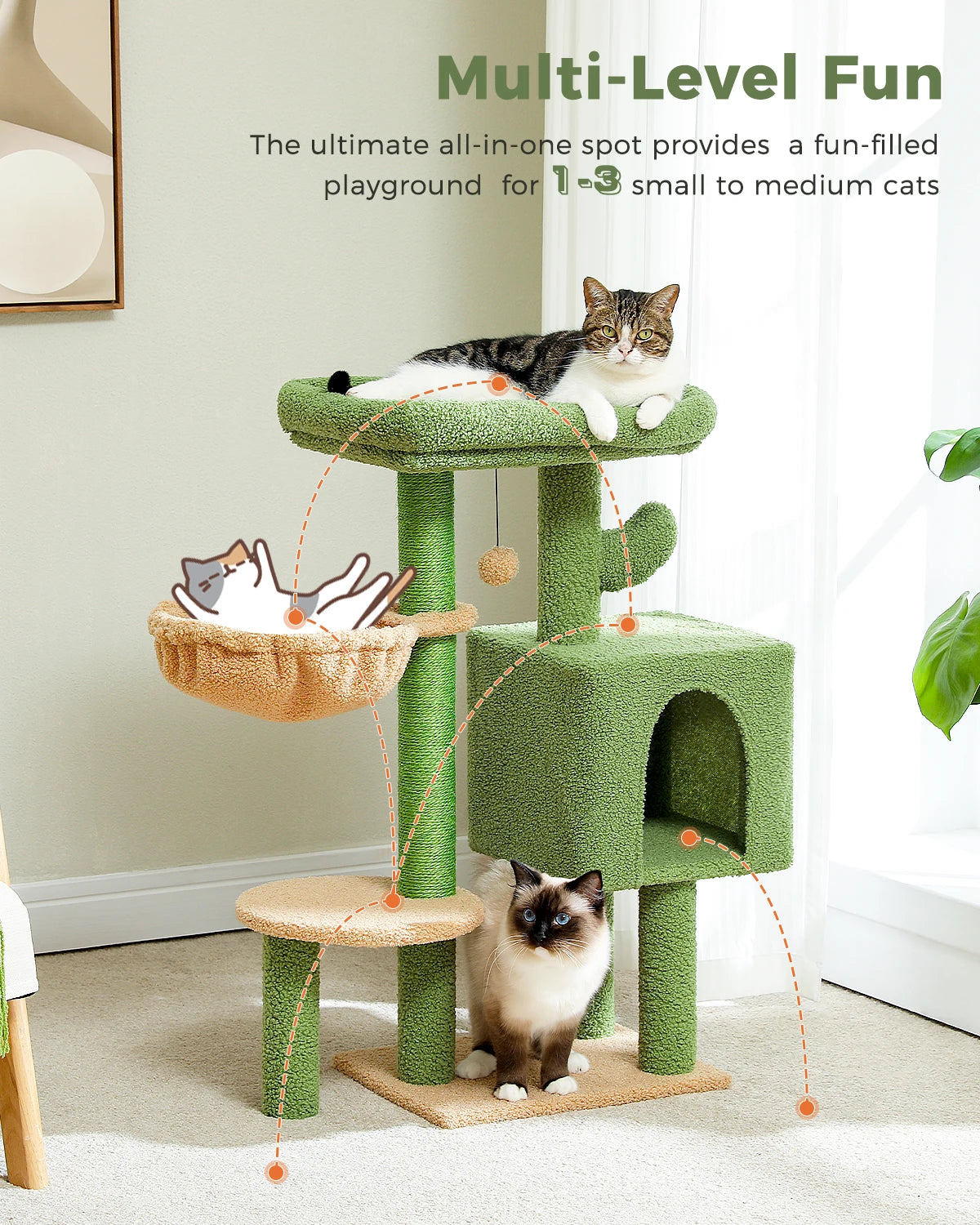 Cat Tree Cute Cat Tower with Padded Top Perch Comfy Hammock Private Condo Fully Scratching Post and Dangling Bell Ball