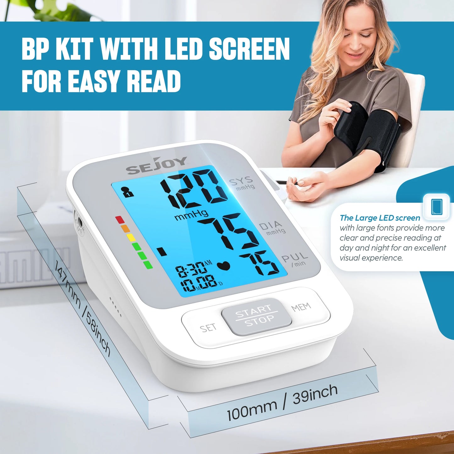 SEJOY Upper Arm Automatic Sphygmomanometer English Voice Backlight Blood Pressure Monitor High Accurate BP Monitors