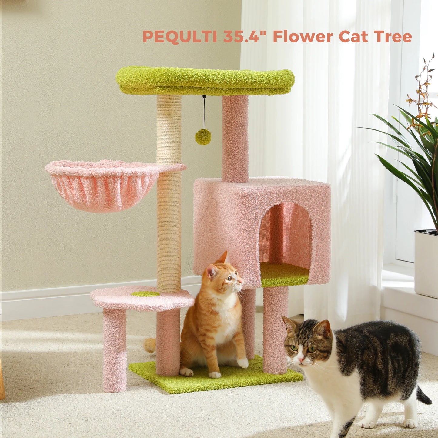 Cat Tree Cute Cat Tower with Padded Top Perch Comfy Hammock Private Condo Fully Scratching Post and Dangling Bell Ball