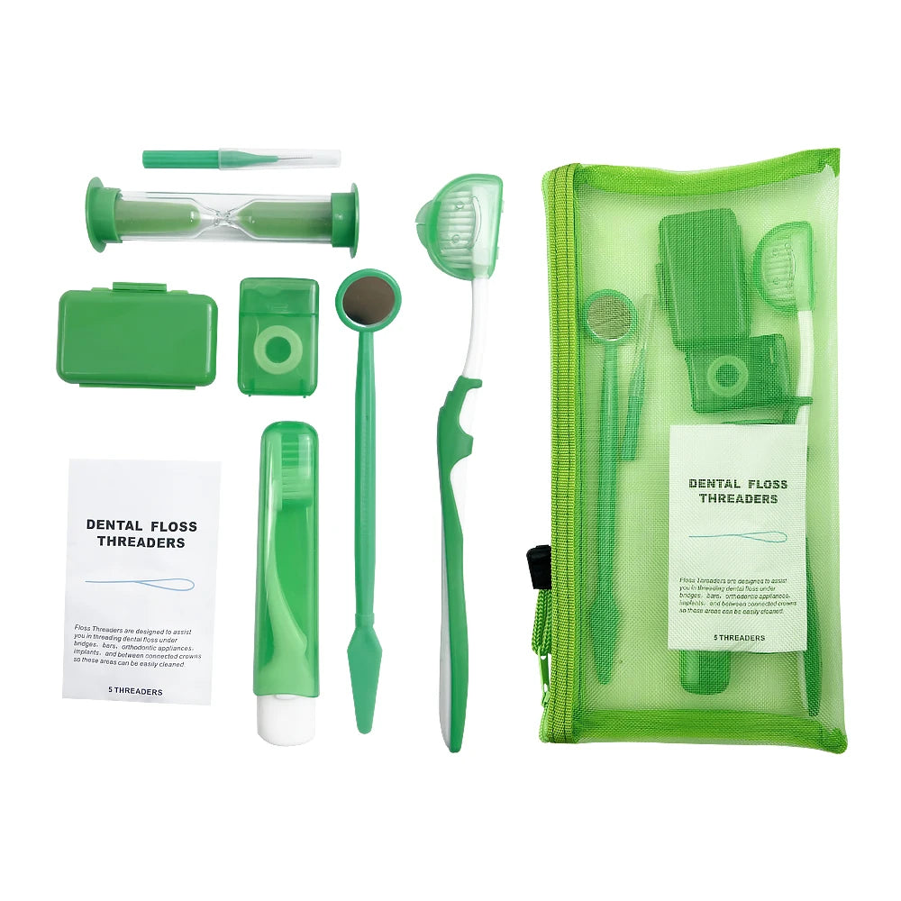 8Pcs/set Orthodontic Dental Care Brush Kit Teeth Cleaning Braces Toothbrush with Interdental Brush Floss Thread Wax Travel Kit