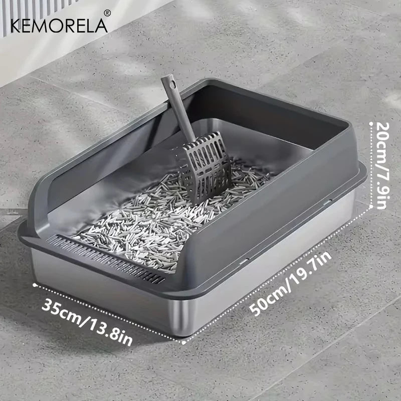 KEMORELA 1PC Stainless Steel Cat Bedpans Thickening Semi-enclosed High Side With Lid Litter Scoop Splashproof Open Litter Box