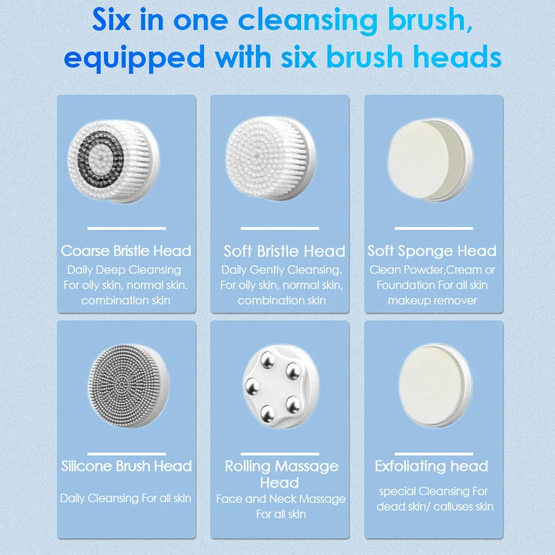 Six-In-One Cleansing Brush Face Wash Brush Clean Pores Exfoliating Silicone Facial Deep Pore Skin Care Scrub Cleanser Tool