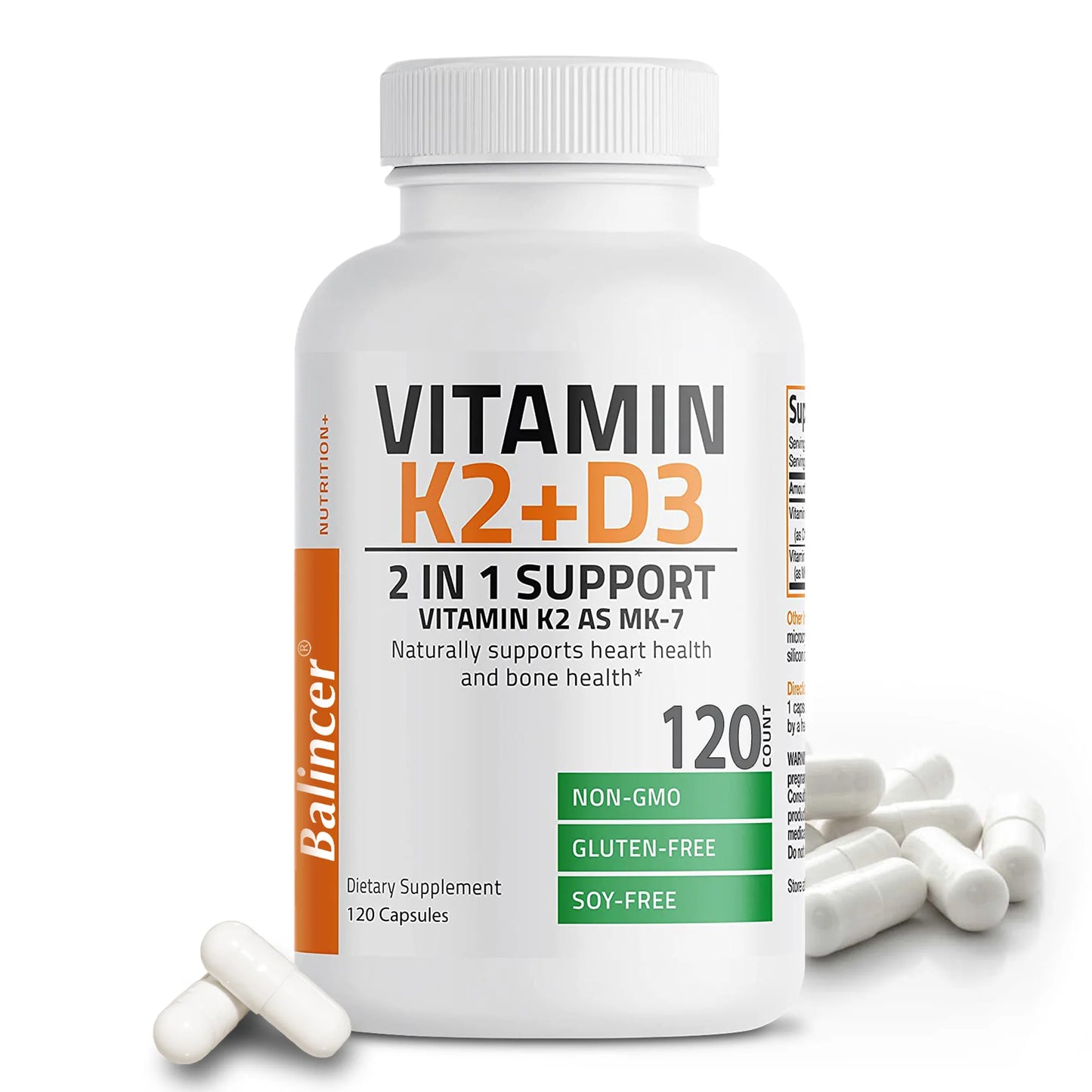 Vitamin D3 K2 2-in-1 Support, Dietary Supplement, Natural Support for Heart and Bone Health, Highly Absorbed, 120 Capsules