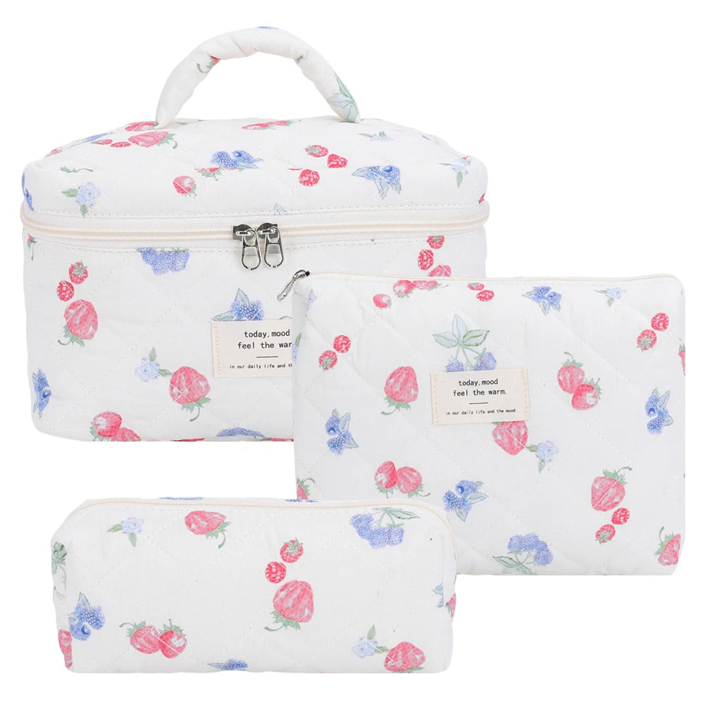 3Pcs Padded Makeup Bag Large Capacity Quilting Storage Bag Strawberry Print Adorable Padding Skincare Pouch Ladies Trip Bag