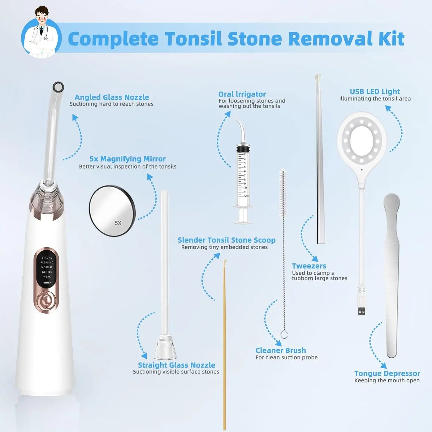Electronic Vacuum Tonsil Stone Remover Kit with 5 Suction Modes 10in1 Tonsil Stone Cleaner Mouth Cleaning Tool Oral Fresh Care