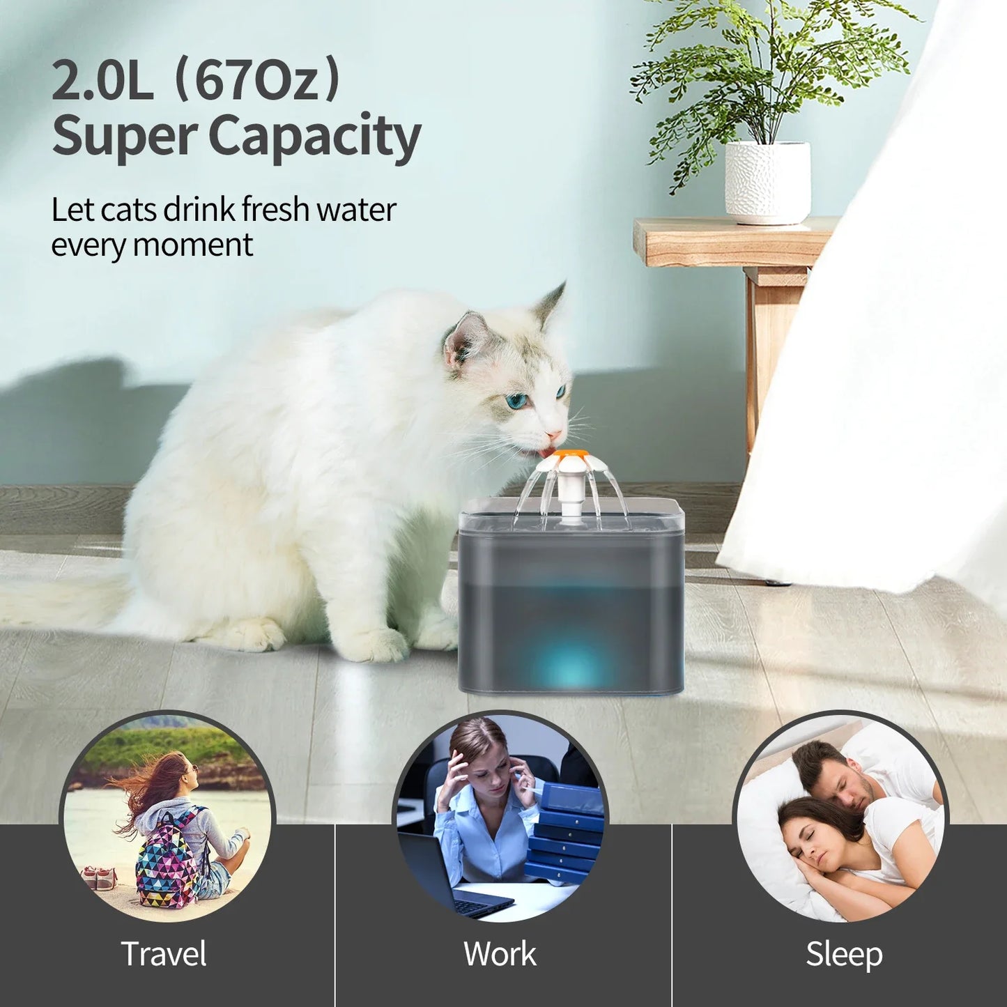 Ultra Silent Pet Fountain 67oz/2L with LED Lighting Activated Carbon Filter Water Dispenser Mute Drinker for Cats Small Dogs