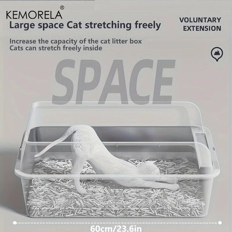 KEMORELA 1PC Stainless Steel Cat Bedpans Thickening Semi-enclosed High Side With Lid Litter Scoop Splashproof Open Litter Box