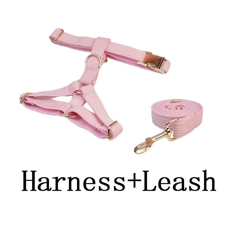 Pink Corduroy Dog Collar And Leash Set For Dogs Custom Engraved Nameplate Pet Supplies Dog Leash Corduroy07