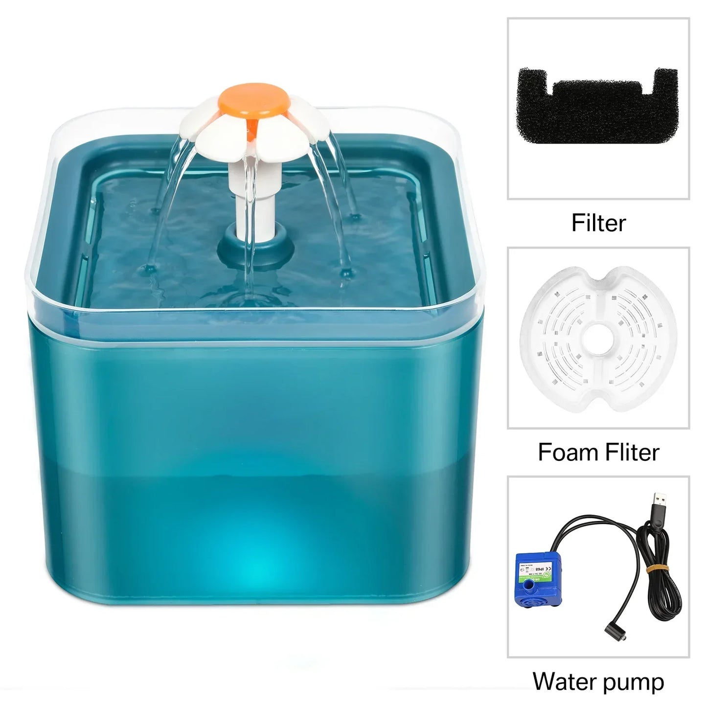 Ultra Silent Pet Fountain 67oz/2L with LED Lighting Activated Carbon Filter Water Dispenser Mute Drinker for Cats Small Dogs
