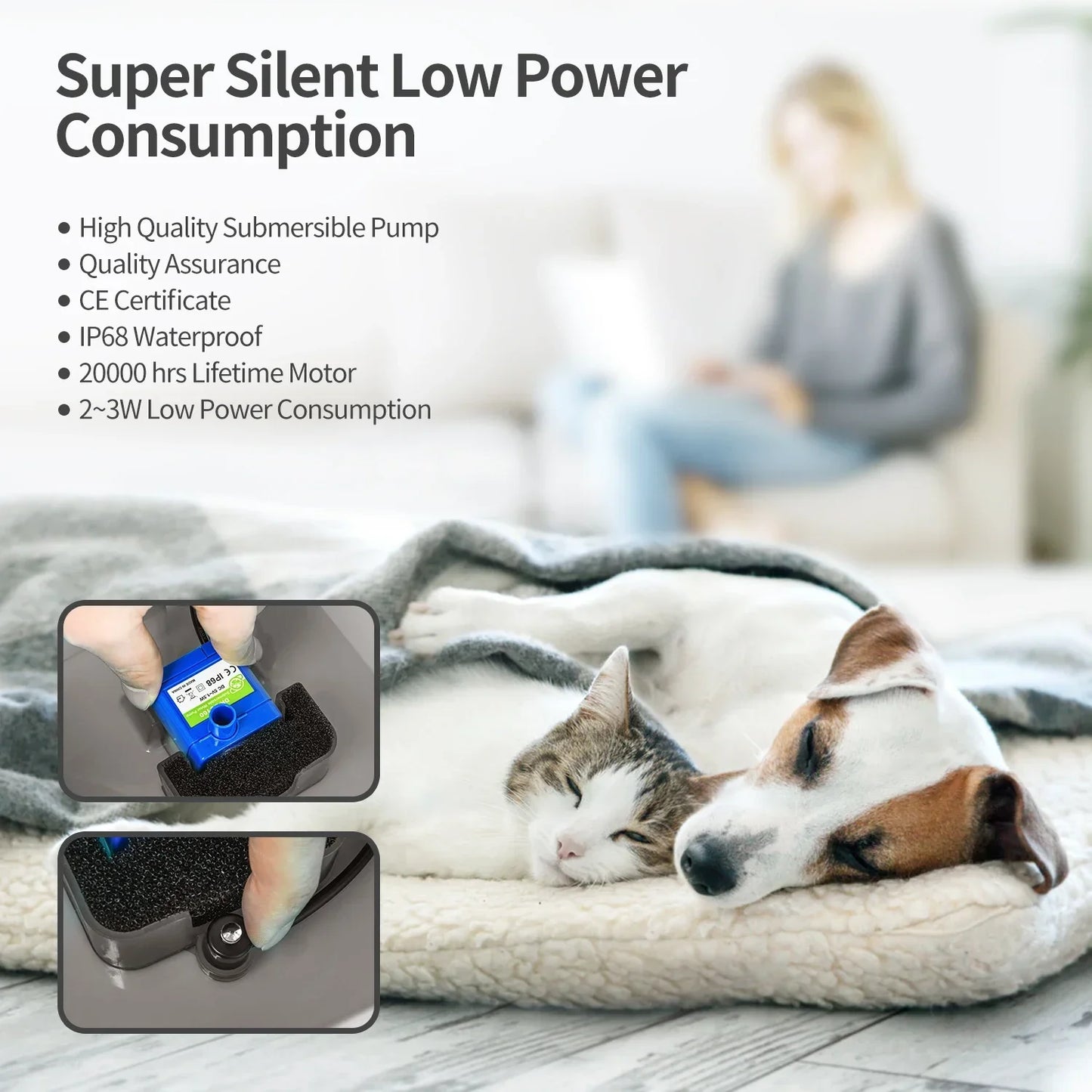 Ultra Silent Pet Fountain 67oz/2L with LED Lighting Activated Carbon Filter Water Dispenser Mute Drinker for Cats Small Dogs