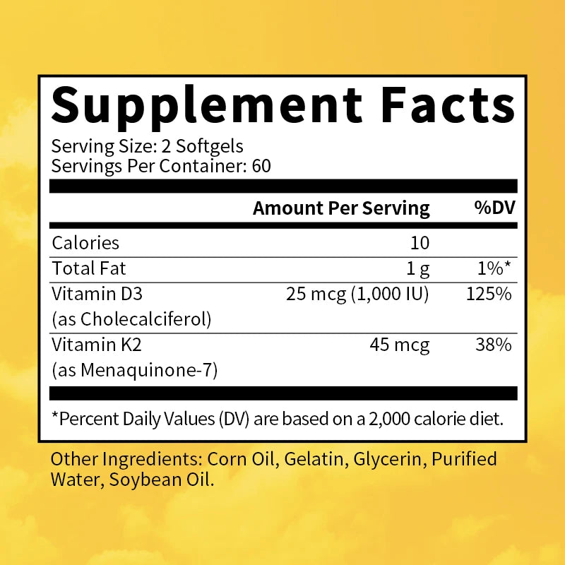 Vitamin D3 K2 Softgel Capsules High-Potency D3 K2 Supplements with 1000 IU, Support Immune Health For Whole Family