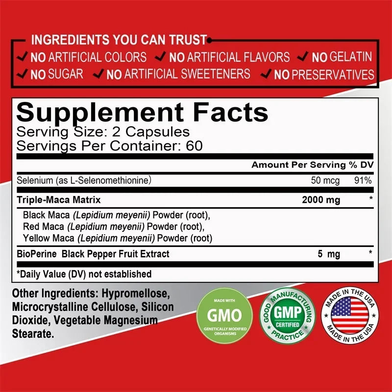 Maca Root Capsules - Improves Vitality and Performance, Enhance Energy, Builds Muscle and Strength