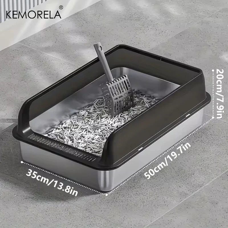 KEMORELA 1PC Stainless Steel Cat Bedpans Thickening Semi-enclosed High Side With Lid Litter Scoop Splashproof Open Litter Box