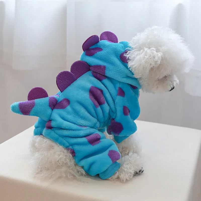 Cosplay Dinosaur Dog Halloween Costume for Small Dogs Dress Up Hoodies Thermal Velvet Padded Dog Pajamas Winter Puppy Jumpsuit