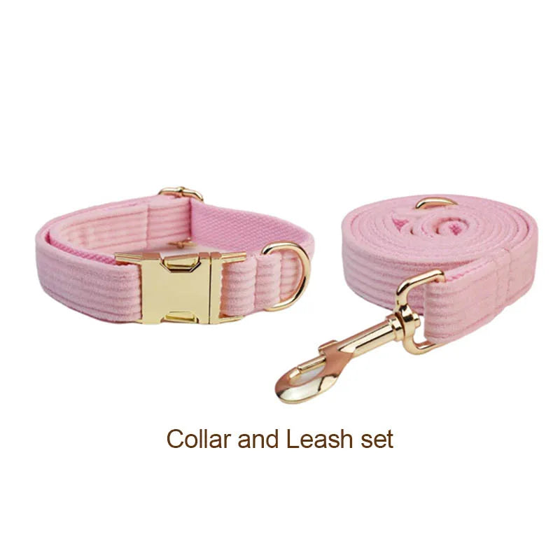 Pink Corduroy Dog Collar And Leash Set For Dogs Custom Engraved Nameplate Pet Supplies Dog Leash Corduroy07