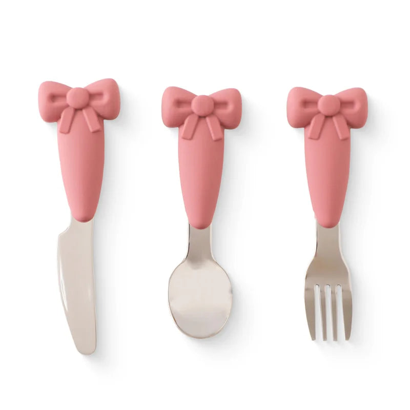 Baby Tableware Set BPA Free Silicone Bow Dish Tie Bowl Fork Food Plate Stainless Spoon Non-slip Tableware Newborn Feeding Tool
