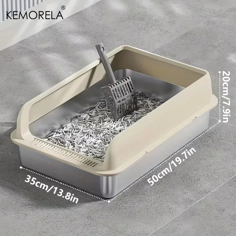 KEMORELA 1PC Stainless Steel Cat Bedpans Thickening Semi-enclosed High Side With Lid Litter Scoop Splashproof Open Litter Box
