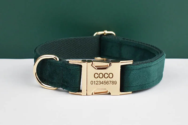 Green Velvet Dog Collar And Leash Set For Dogs Custom Engraved Nameplate Pet Supplies Dog Leash velvet43