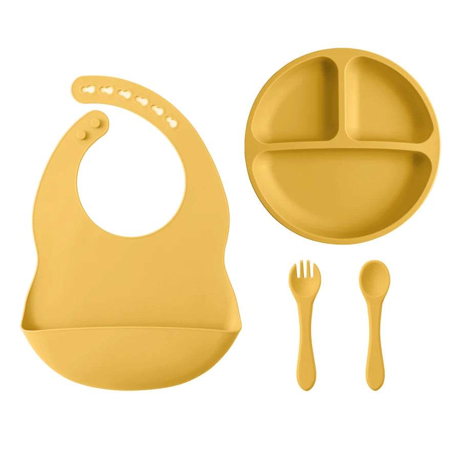 4PCS Baby Silicone Tableware Sets Contrasting Colors Dining Sets Suction Plate Waterproof Bib Portable Baby Spoon Fork