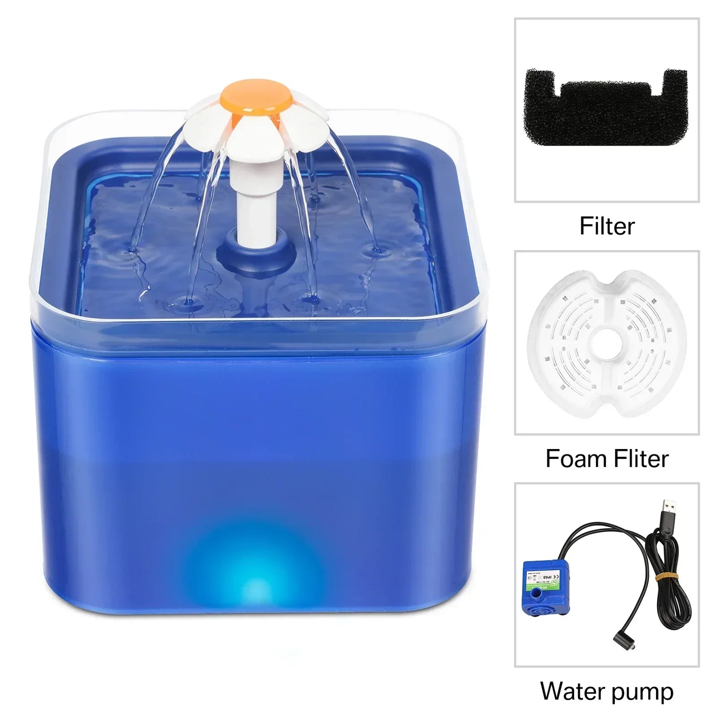 Ultra Silent Pet Fountain 67oz/2L with LED Lighting Activated Carbon Filter Water Dispenser Mute Drinker for Cats Small Dogs