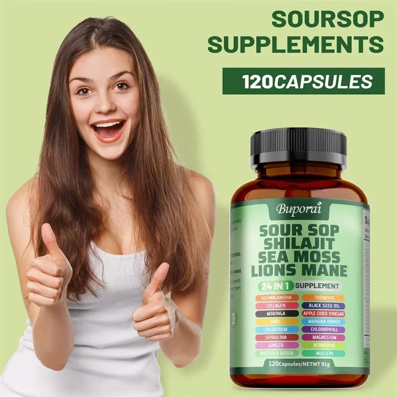 24-In-1 Soursop Supplement - Boosts Energy, Cell Support & Regeneration, Antioxidants, Improve Skin Health, Skin Vitality