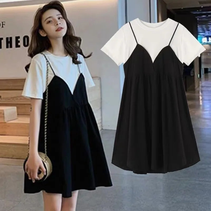 Summer Maternity New Fashion Casual Dresses Summer Mid-Length Maternity Tops Loose False Two-Piece Short-Sleeved Halter Dresses