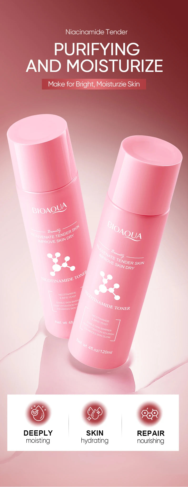 BIOAOUA Niacinamide Moisturizing and Rejuvenating Facial Toner Deep hydration Whitening Firming Face Toner Beauty Skincare