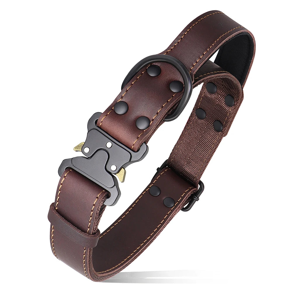 Real Leather Dog Collar With Handle Tactical Military Dog Leather Collar For Medium Large Dogs German Shepherd Training Hunting